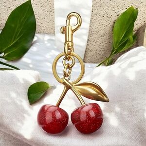 🆕 Glitzy Cherry Delight Fashion Glitter Resin Cherry Bag Gold Charm Keychain